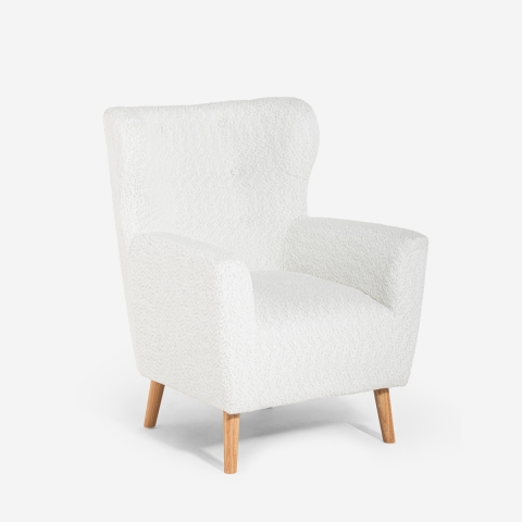 Fauteuil bergère moderne de salon en tissu bouclé blanc Kamo Promotion