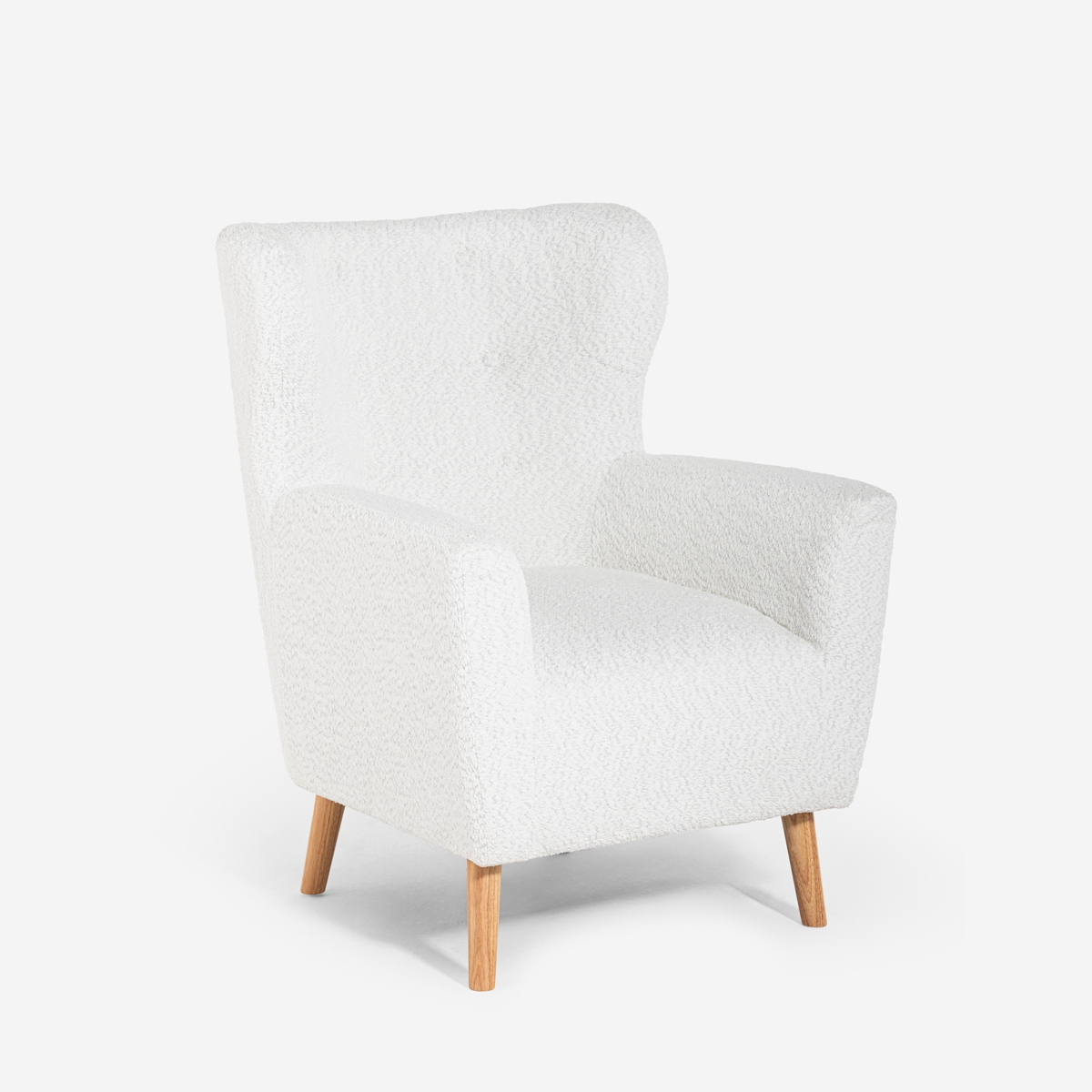 Fauteuil bergère moderne de salon en tissu bouclé blanc Kamo Promotion Fauteuil bergère moderne de salon en tissu bouclé blanc Kamo Promotion