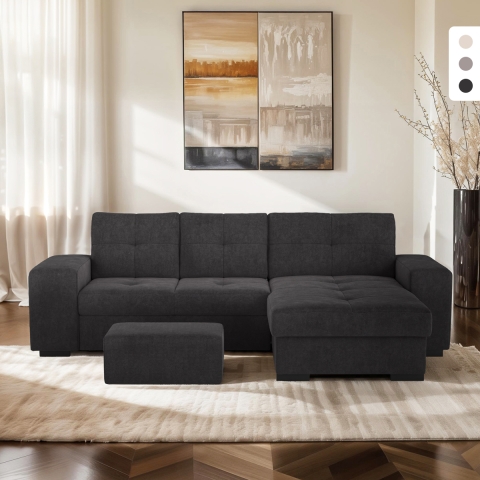 Canapé d'angle moderne 3 places avec méridienne droite et pouf Vilo Promotion