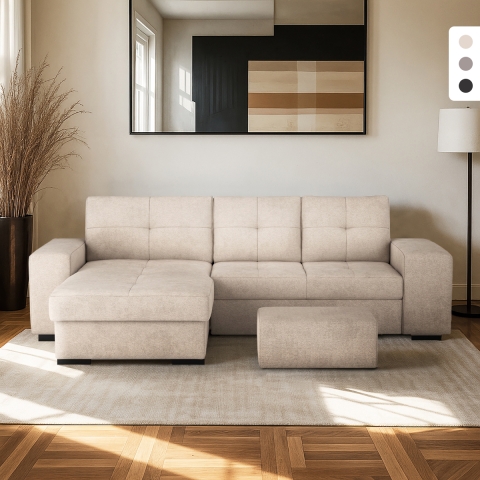 Canapé d'angle moderne 3 places avec méridienne à gauche et pouf Navi Promotion