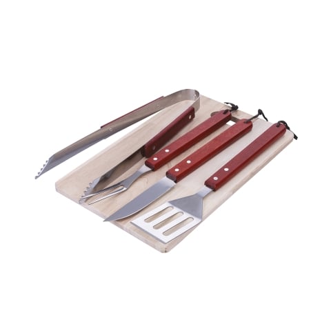 Set de 4 ustensiles de barbecue en acier inoxydable et planche à découper en bois Pyros Promotion