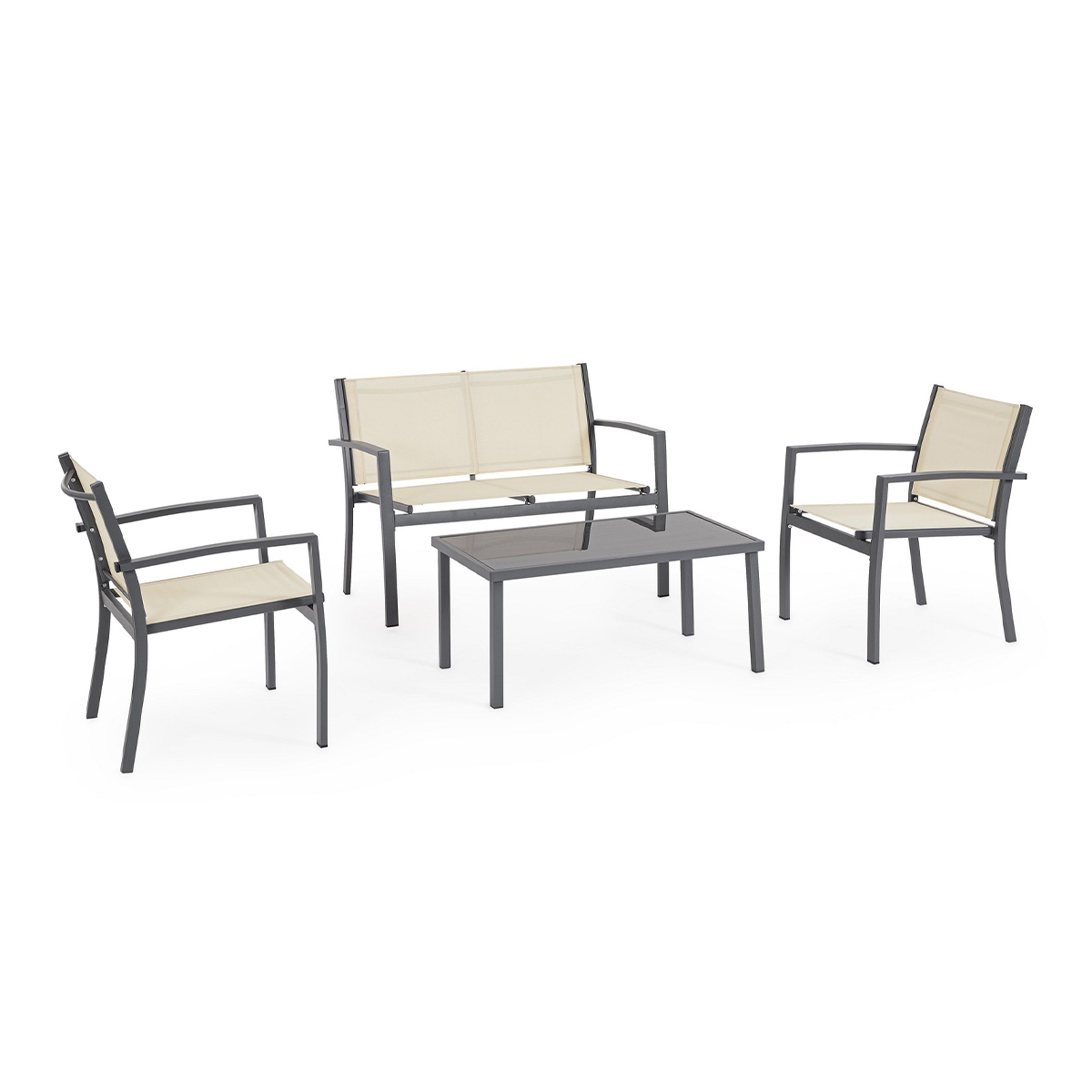 Salon de jardin 2 fauteuils canapé table basse beige Bizzotto Florida