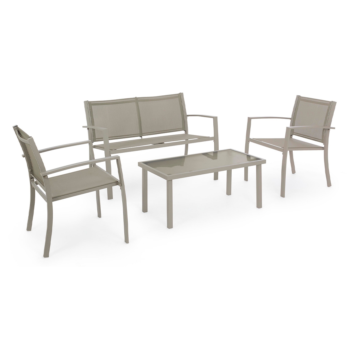 Salon de jardin canapé 2 chaises en textilène taupe et table Peder