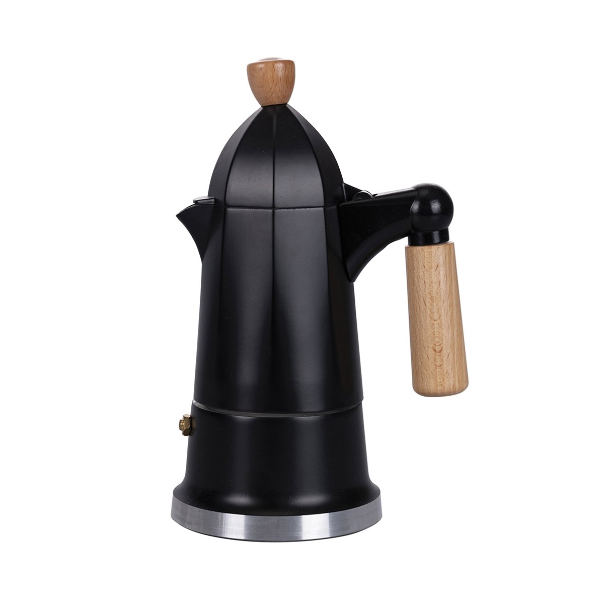 Cafetière moka 4 tasses en aluminium noir avec manche en bois Industry Promotion Cafetière moka 4 tasses en aluminium noir avec manche en bois Industry Promotion