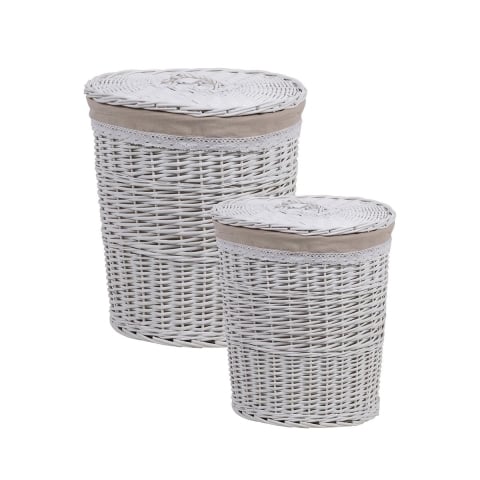 2 paniers à linge avec couvercle en bois et tissu Zeyra Promotion