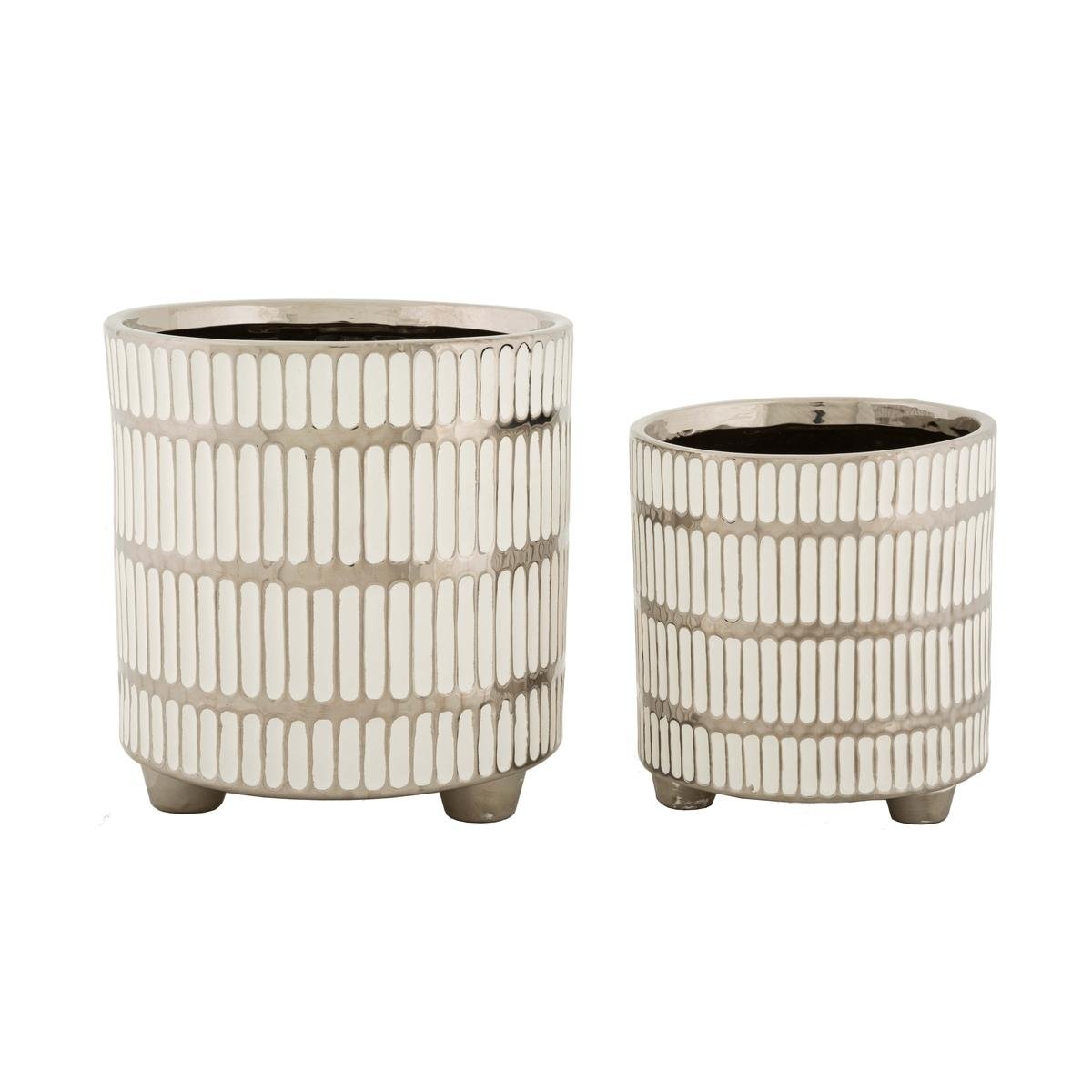 Ensemble de 2 vases en céramique blanche avec décorations argent Ray Promotion Ensemble de 2 vases en céramique blanche avec décorations argent Ray Promotion