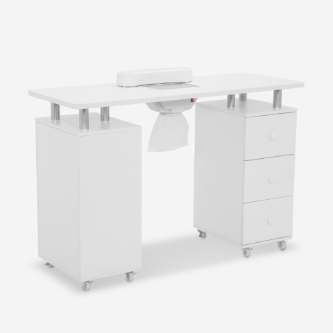 Table manucure esthéticienne aspirateur roues 3 tiroirs blanc Mango Promotion