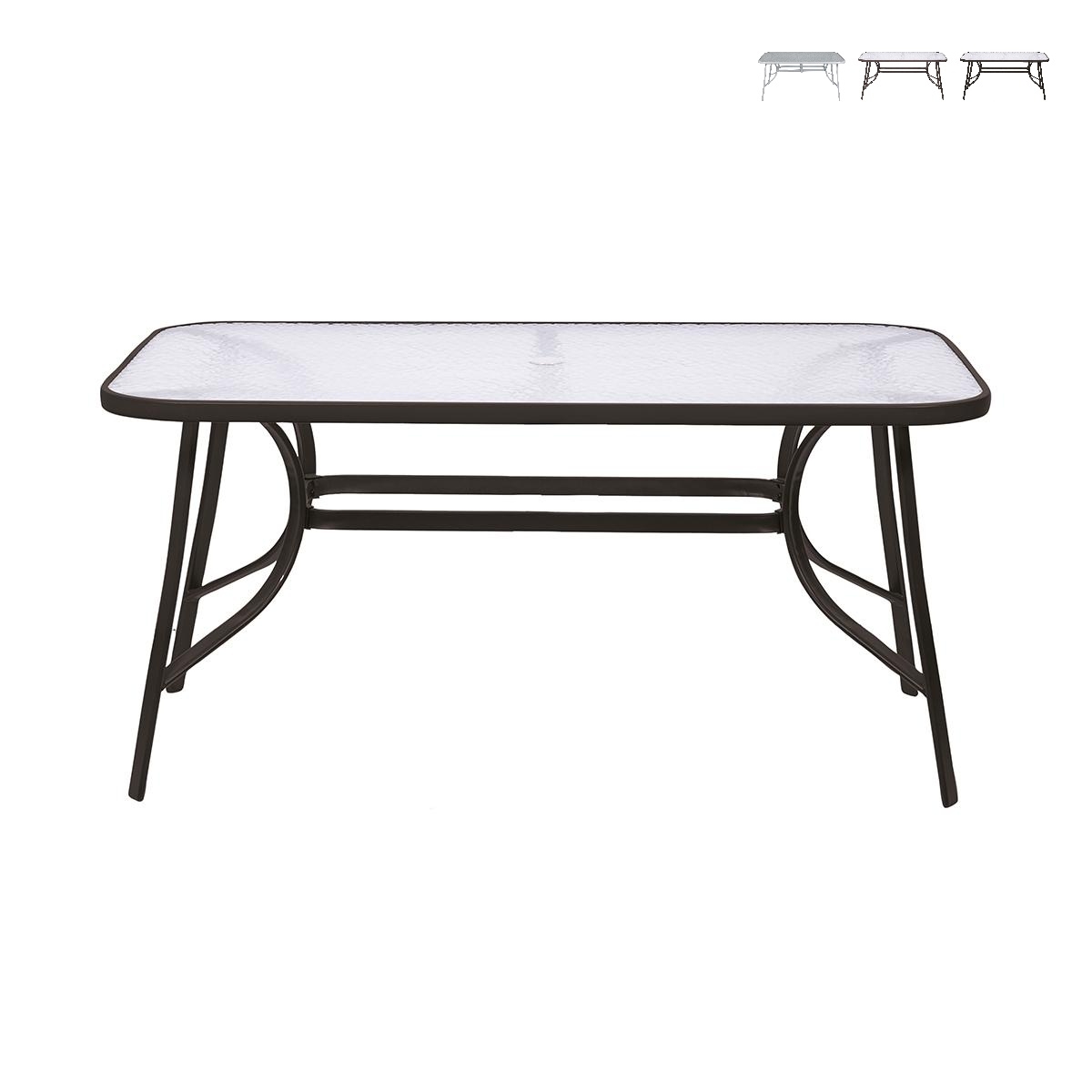 Table d'extérieur rectangulaire en acier carbone avec plateau en verre Oshra