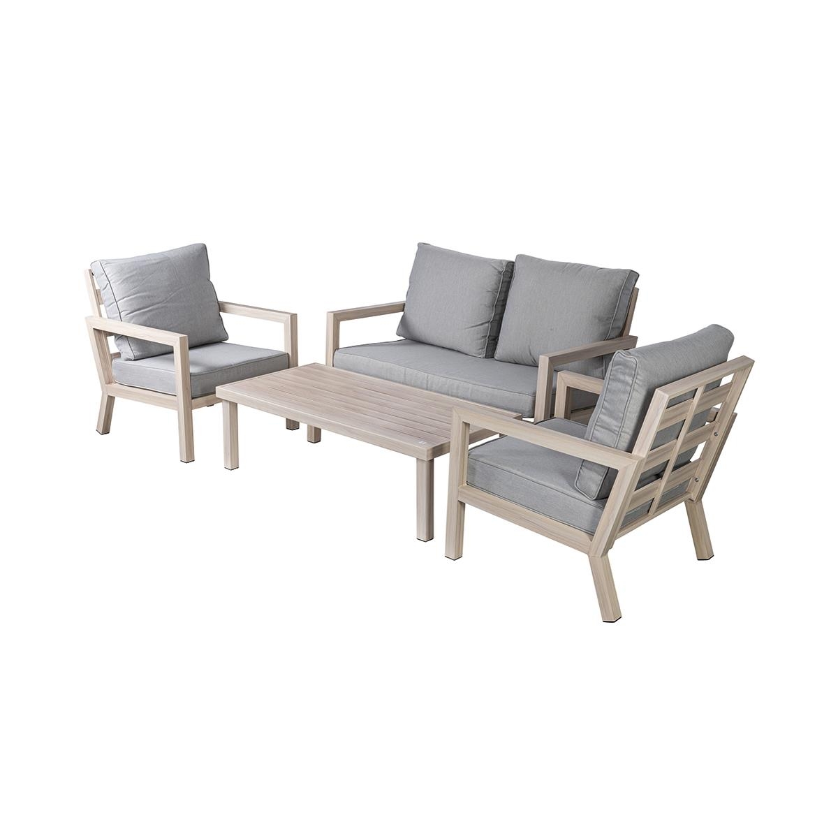 Ensemble mobilier de jardin Ibiza : canapé, table basse et 2 fauteuils avec coussins