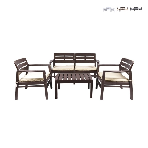 Salon de jardin extérieur canapé 2 fauteuils table basse effet bois Fij Promotion