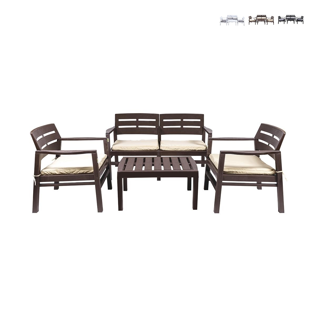 Salon de jardin extérieur canapé 2 fauteuils table basse effet bois Fij