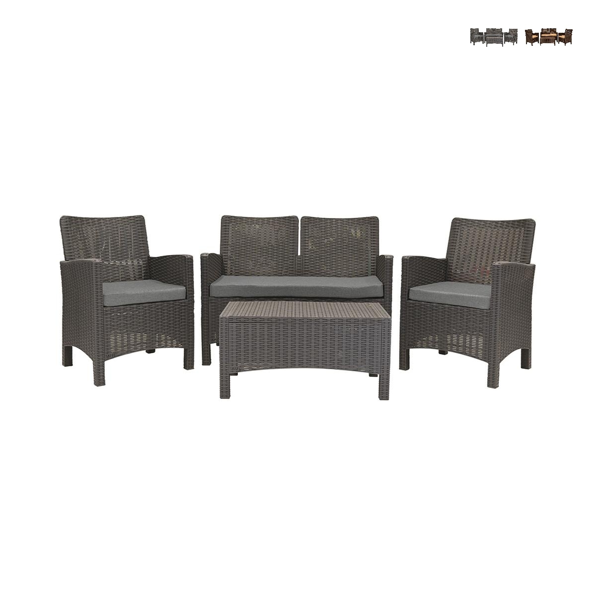 Salon de jardin canapé 2 places fauteuils table basse effet rattan Malaga