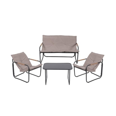 Ensemble de jardin 4 places en acier table basse avec plateau en verre coussins Cannes Promotion