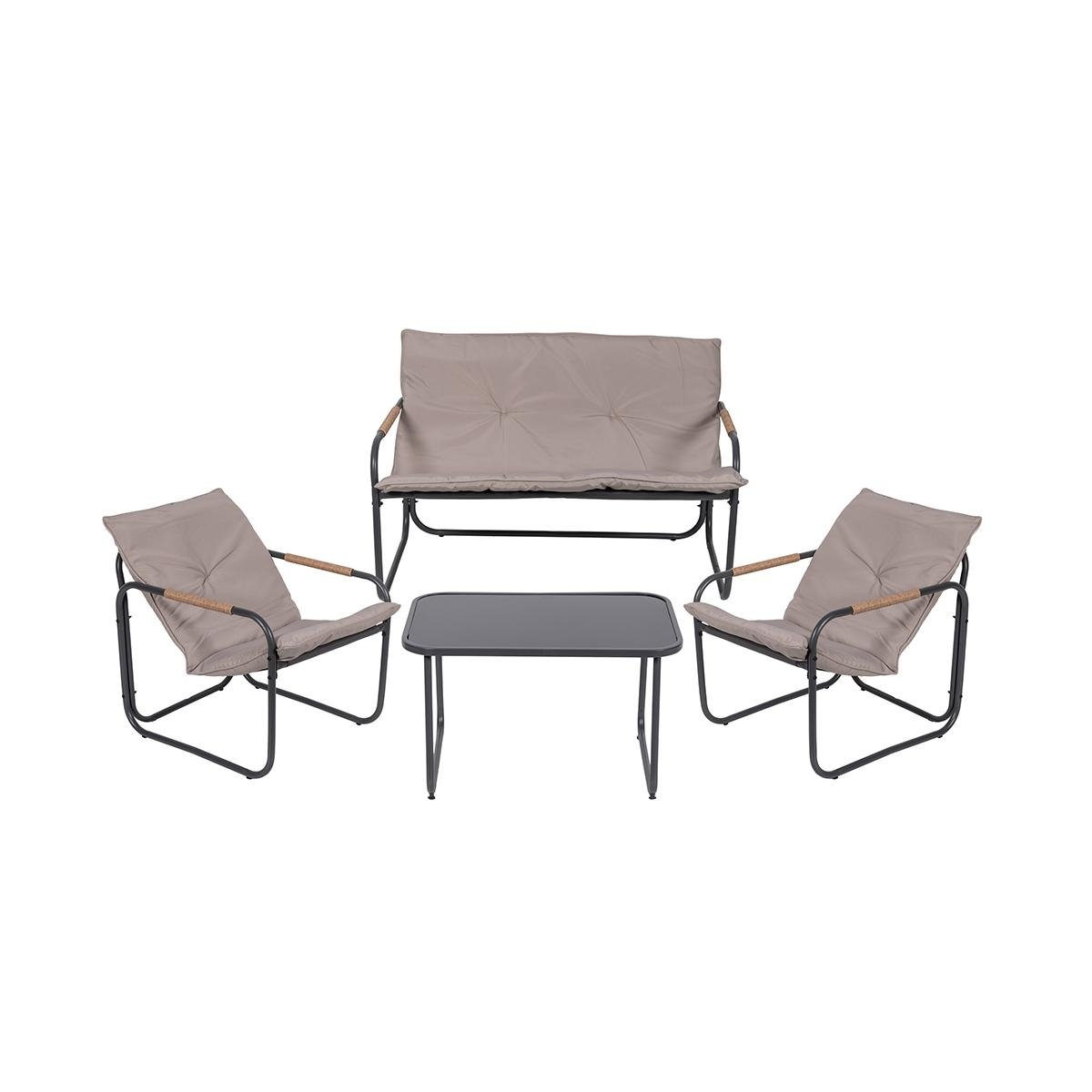 Ensemble de jardin 4 places en acier table basse avec plateau en verre coussins Cannes Promotion Ensemble de jardin 4 places en acier table basse avec plateau en verre coussins Cannes Promotion