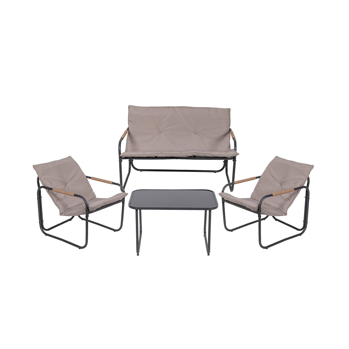 Ensemble de jardin 4 places en acier table basse avec plateau en verre coussins Cannes