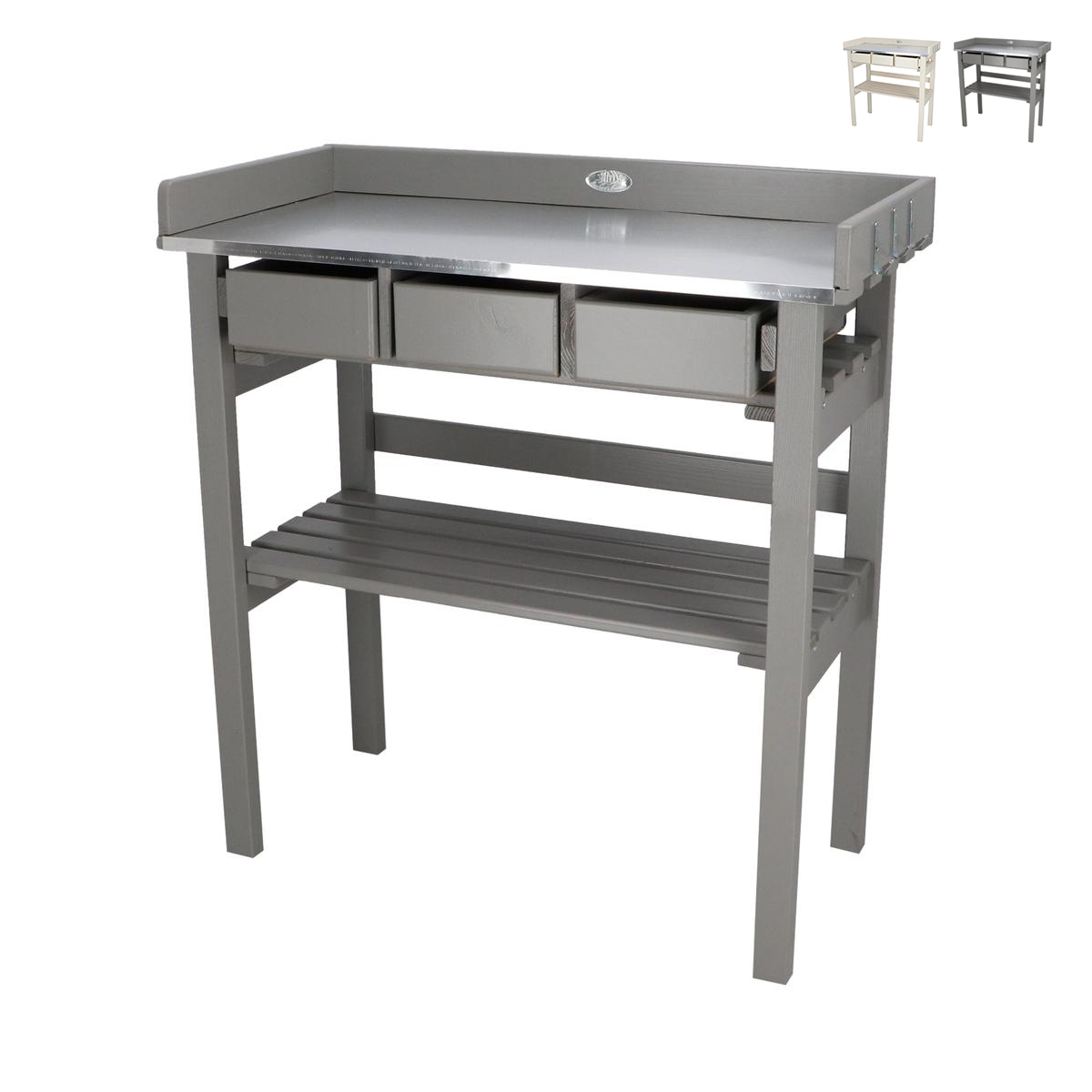 Établi en bois avec plateau en métal galvanisé et 3 tiroirs