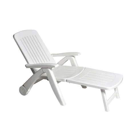 Chaise longue de jardin pliante blanche en plastique avec roulettes Cancun Promotion