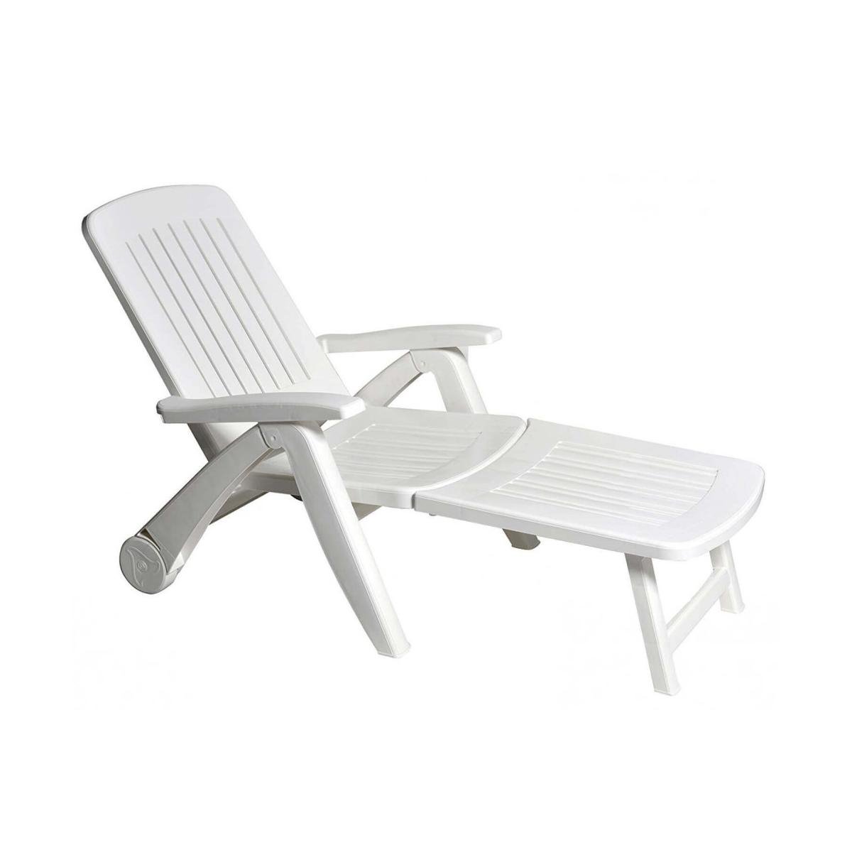Chaise longue de jardin pliante blanche en plastique avec roulettes Cancun