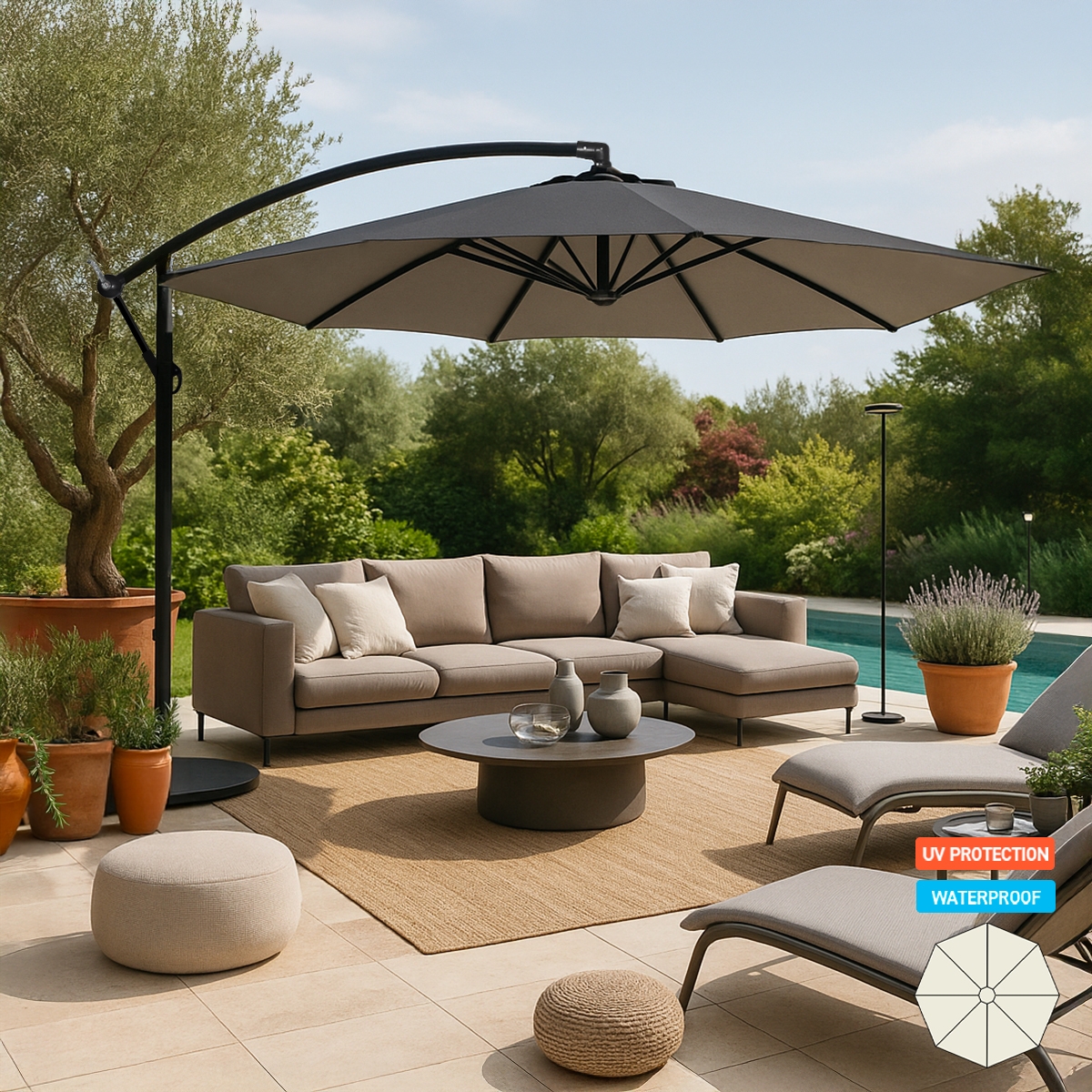 Parasol de jardin déporté 3 mètres octogonal en aluminium bar Fan Noir Promotion