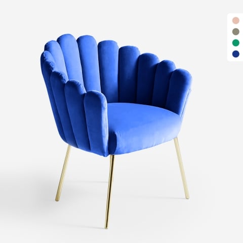 Fauteuil de salon en coquillage design moderne velours pieds dorés Calicis Promotion