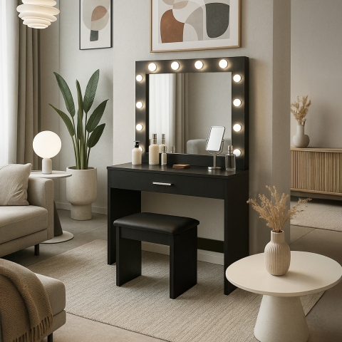 Coiffeuse table de maquillage noire avec tabouret miroir à LED Gaia Black Promotion