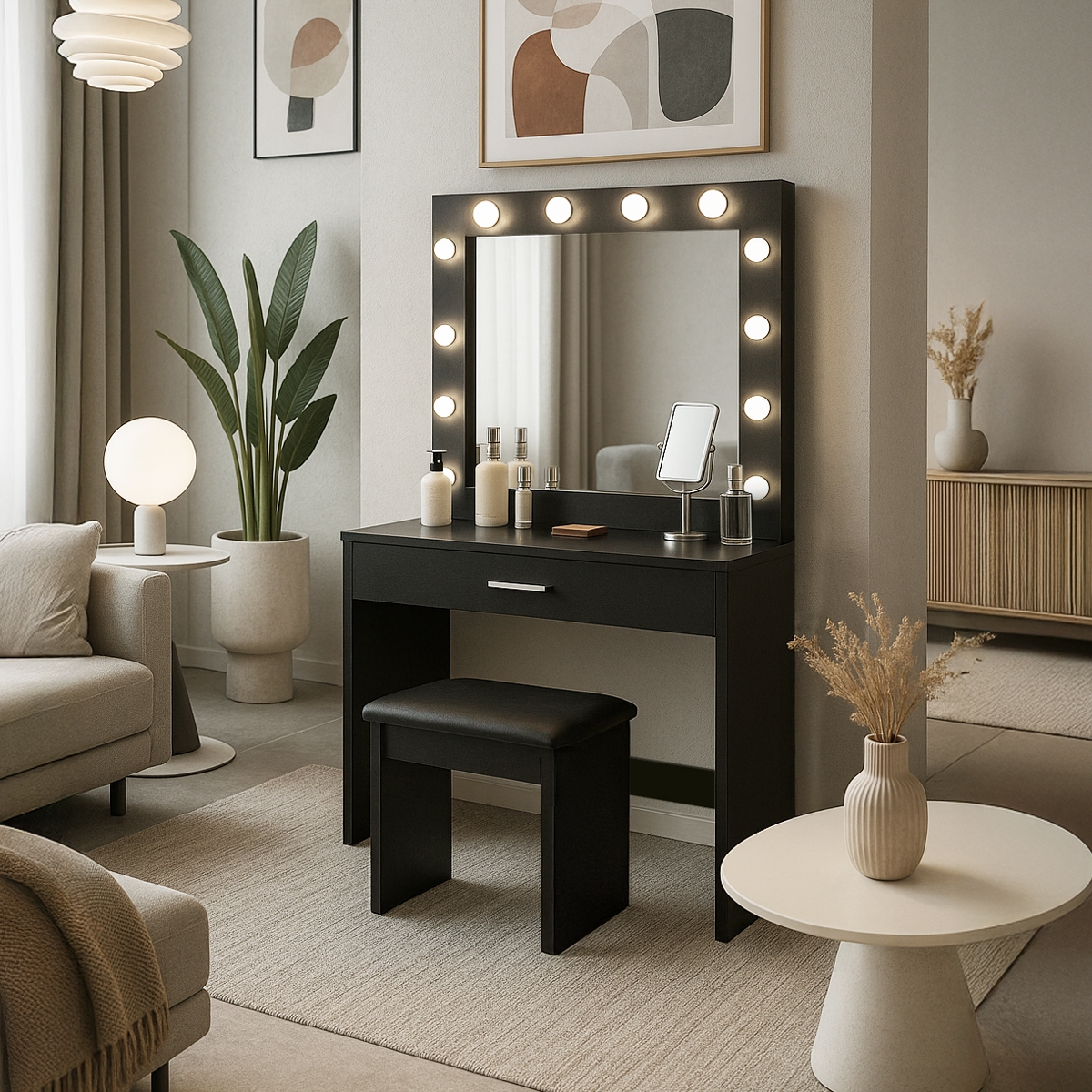 Coiffeuse table de maquillage noire avec tabouret miroir à LED Gaia Black Promotion