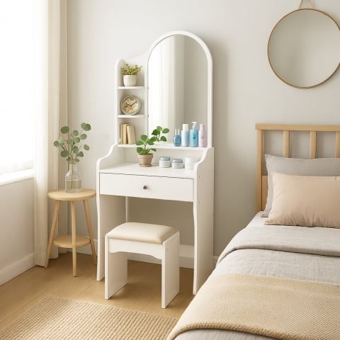 Coiffeuse et table de maquillage mobile avec miroir et tabouret Flora Promotion