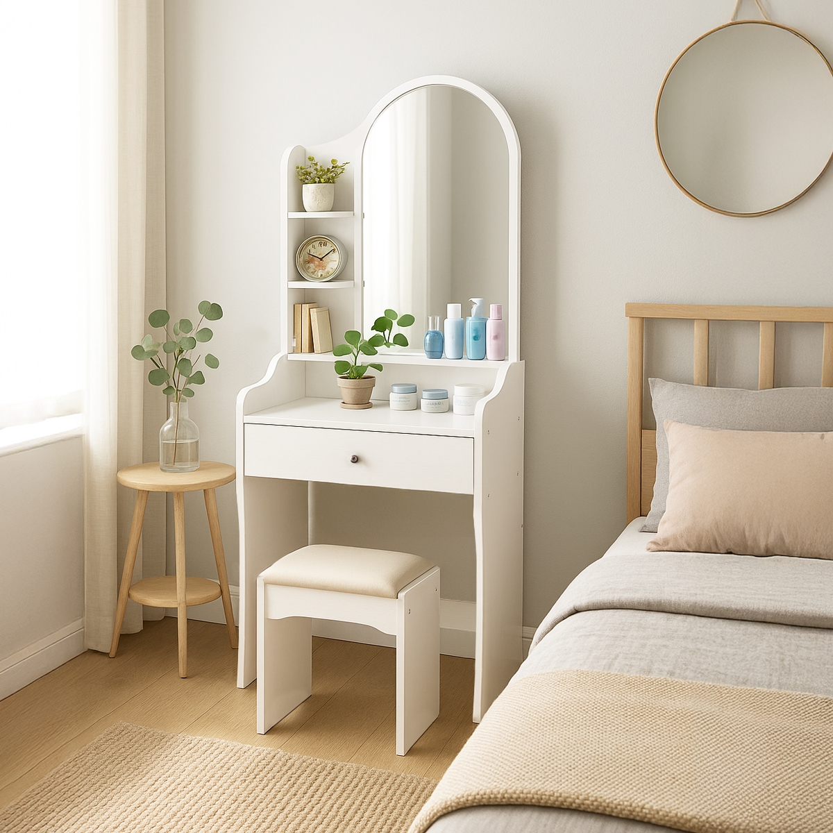 Coiffeuse et table de maquillage mobile avec miroir et tabouret Flora Promotion