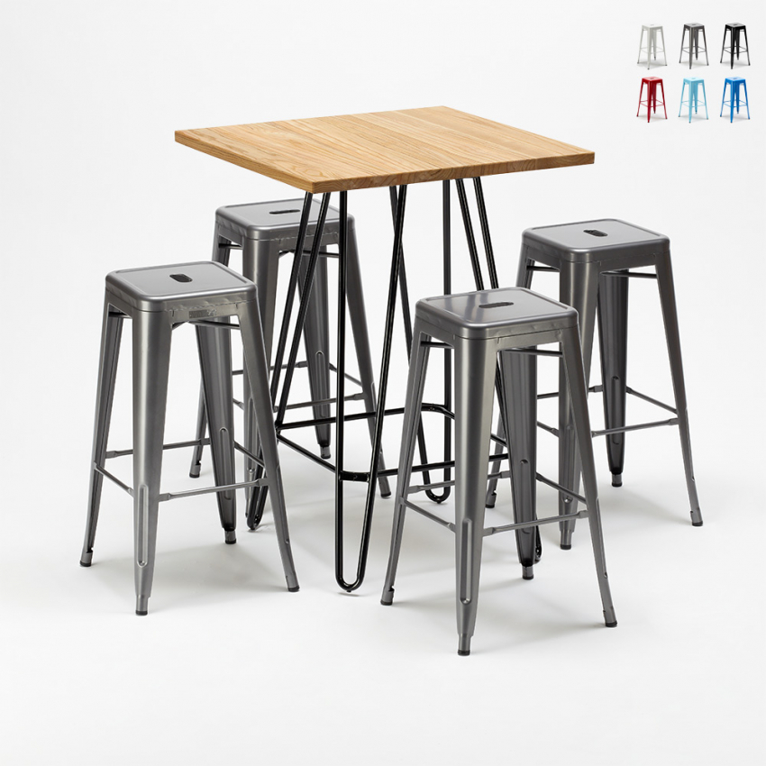 table haute 60×60 + 4 tabourets de bars en métal style brooklyn Dimensions