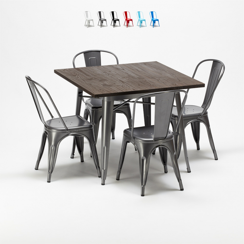 Ensemble table carrée et chaises en métal design Tolix industrial Jamaica