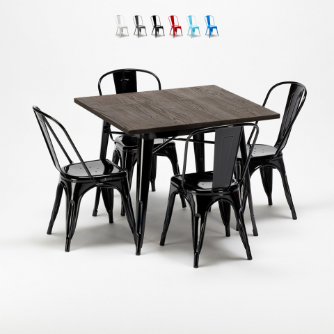 table carrée en bois + 4 chaises en métal style industriel west village Promotion