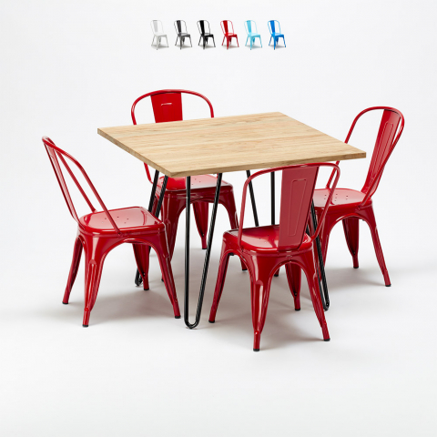 Table et 4 chaises carrées en métal et bois au style industriel Tolix Tribeca