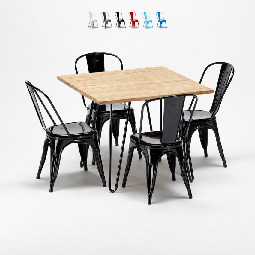 table et 4 chaises carrées en métal et bois au style industriel Lix tribeca 