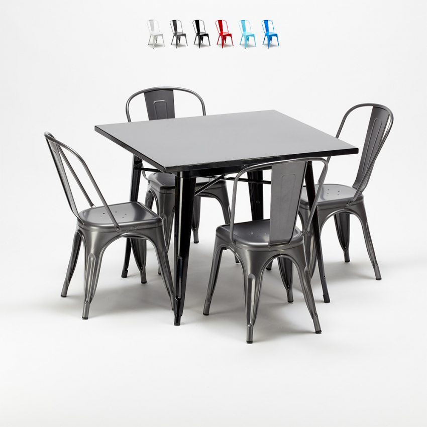 table carrée + 4 chaises en métal style industriel soho 