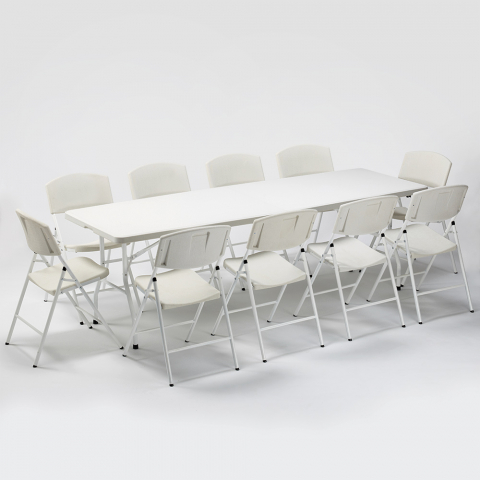 Ensemble table rectangulaire 240x76 et 10 chaises pliantes camping jardin Rushmore