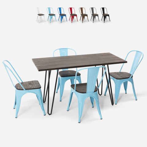 Table rectangulaire 120x60 + 4 chaises en acier de style industriel Tolix et bois Roger