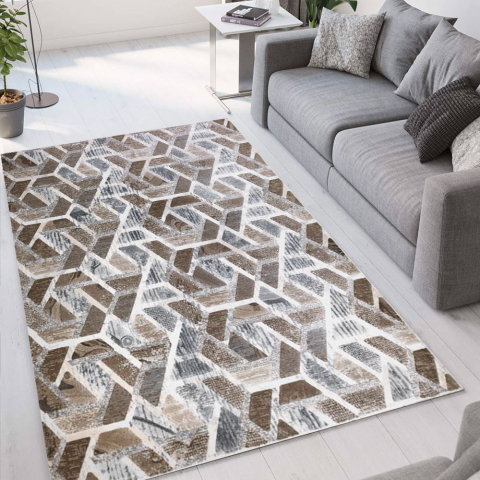 Tapis de salon design géométrique moderne à poils courts Double marron MAR003