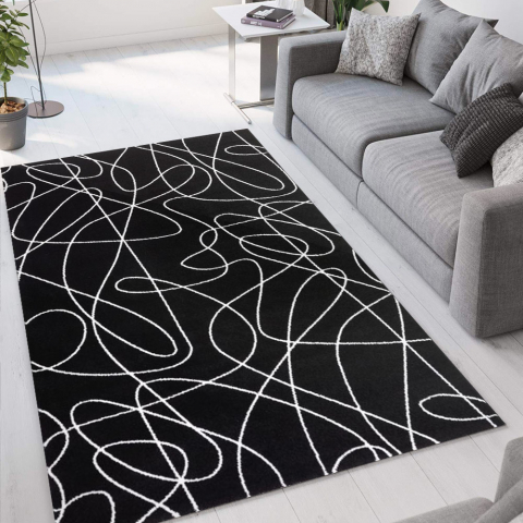 Tapis de salon design moderne Milano noir lignes blanches NER001 Promotion