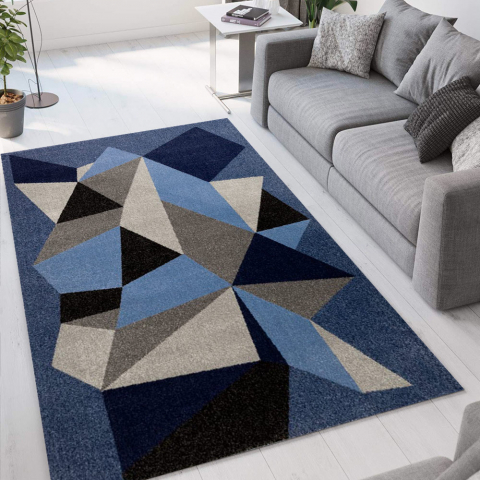 Tapis de salon design géométrique Milano bleu gris moderne BLU016