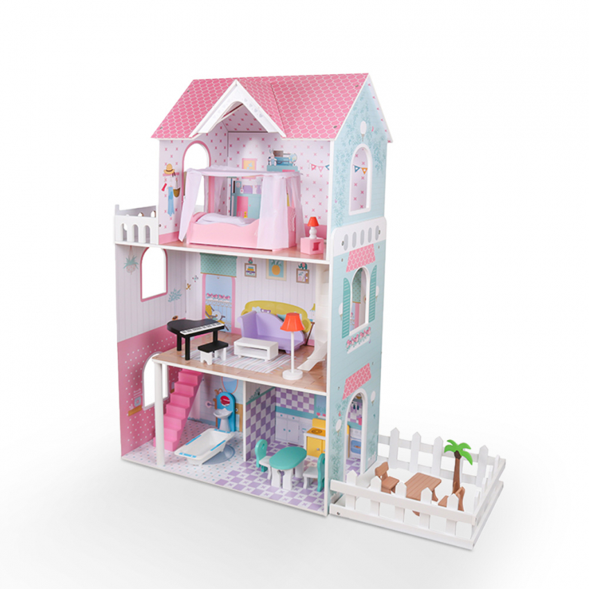 Maison de poupée en bois avec meubles et accessoires, un excellent cadeau  pour les filles, 45x10x62cm