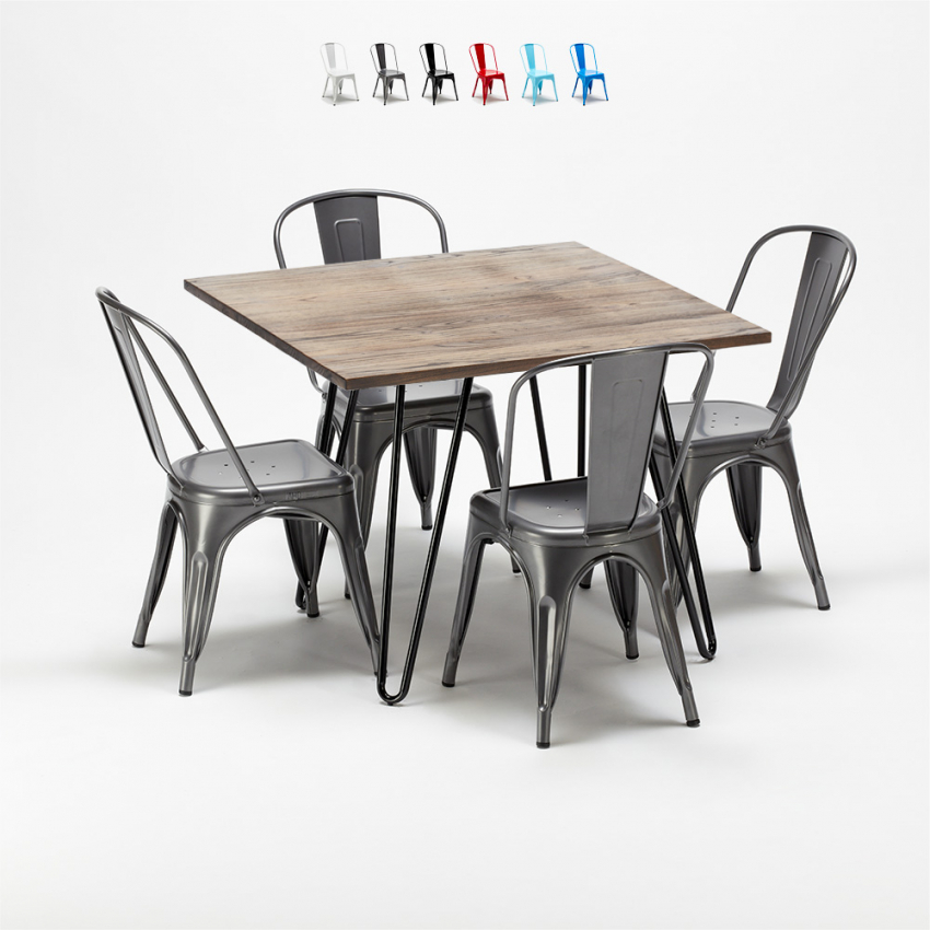 table carrée en bois + 4 chaises en métal au design industriel bay ridge Choix table carrée en bois + 4 chaises en métal au design industriel bay ridge Choix