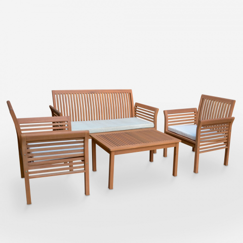 Salon de jardin extérieur canapé fauteuils coussins table en bois Lectulus