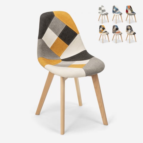 Chaise design nordique patchwork bois et tissu cuisine bar restaurant Robin