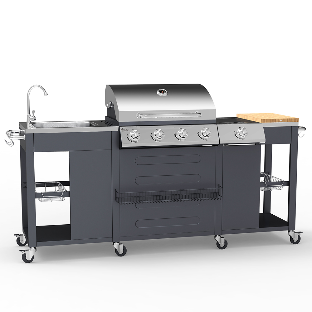 Barbecue à gaz en inox 4 + 1 brûleurs avec évier et étagères Tartara