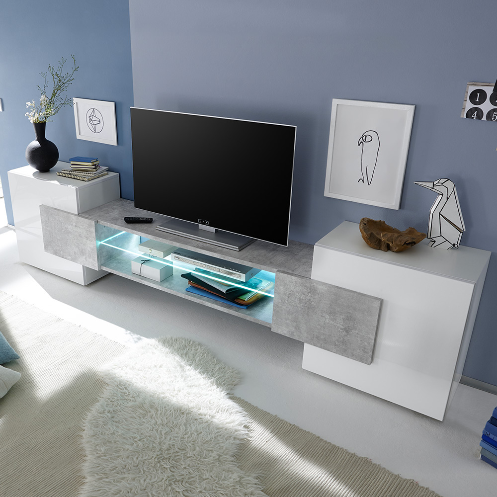 Meuble TV Design Moderne Avec 2 Portes Et Compartiment Ouvert En Béton Blanc Brillant Incastro