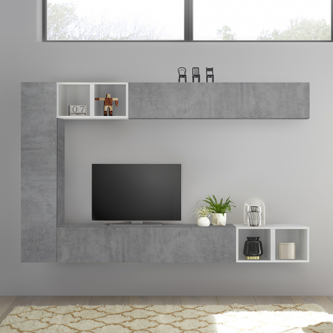 Unité murale de salon design moderne avec meuble TV gris béton Infinity 104