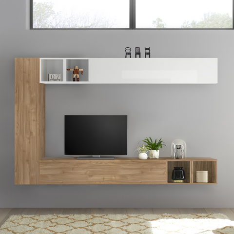 Unité murale de salon design moderne avec meuble TV en bois blanc clair Infinity 104