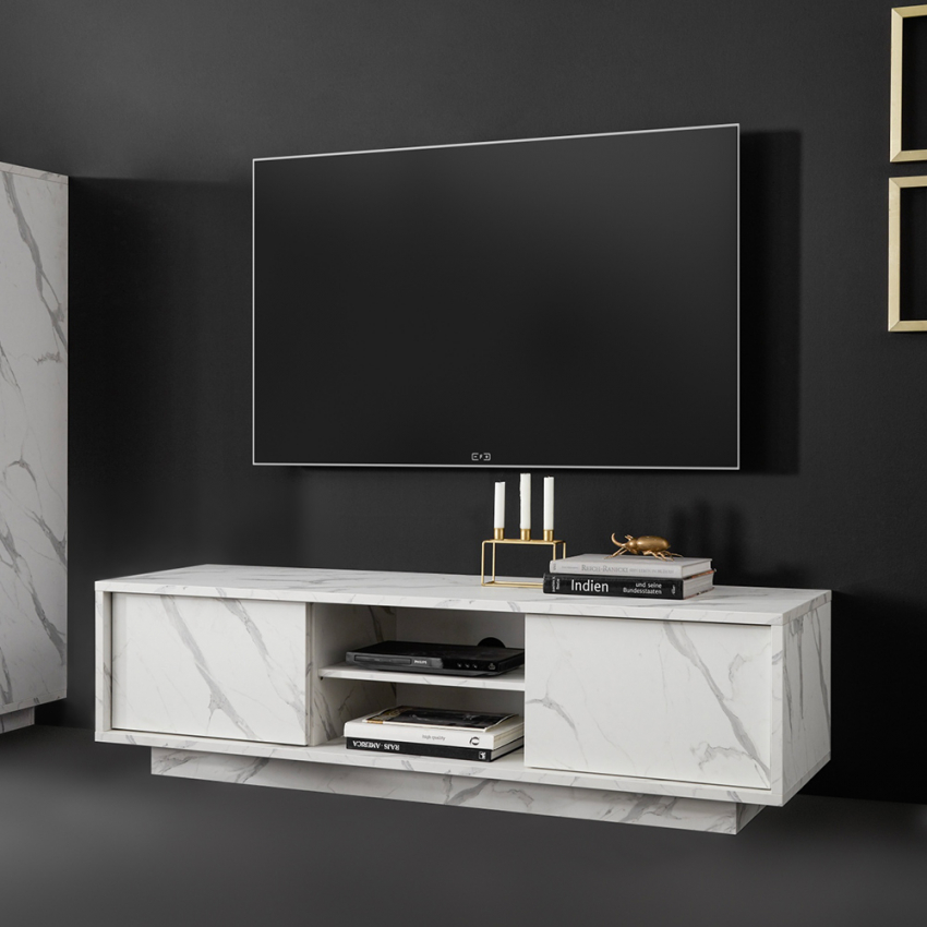 Meuble TV moderne avec 2 portes latérales et compartiment ouvert en marbre Carrara