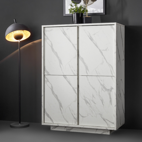 Buffet de salon armoire 4 Portes en marbre blanc Carrara