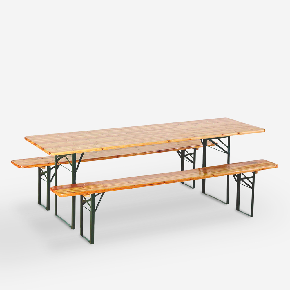 Lot de 8 ensemble tables bancs brasserie pliants en bois 220x80 Oletan